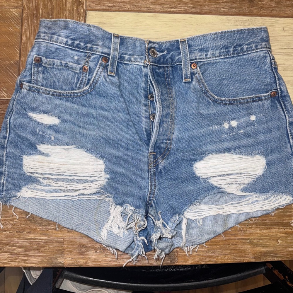 Levi's 501 Denim Shorts Women 30 Blue Excellent Distressed High Rise Button Fly